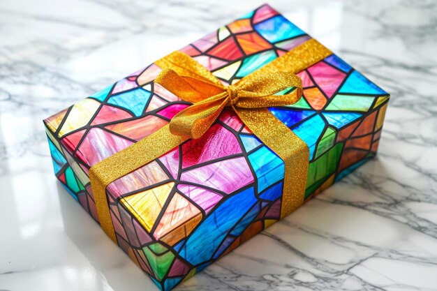 Una scatola di colori vivaci con un arco in cima si trova su una superficie piana scatola regalo con l'imballaggio che assomiglia a vetro colorato AI generato