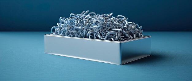una scatola di forbici d'argento su uno sfondo blu