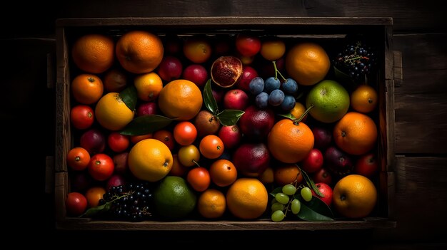 Una scatola di frutta con la parola frutta sul fondo