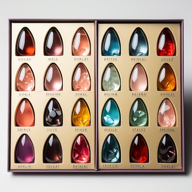 una scatola di gemme di diversi colori con diverse colori di gemme.