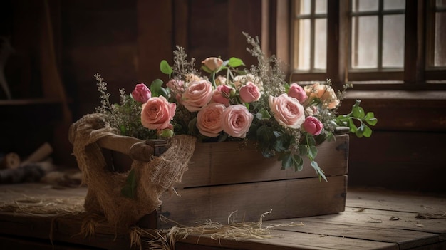 Una scatola di legno con fiori su di essa si trova su un pavimento di legno.