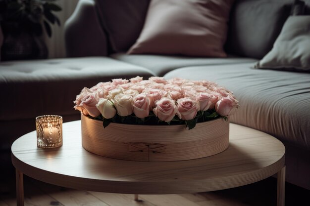 Una scatola di legno con una composizione floreale rosa si trova su un tavolino con una candela accesa.