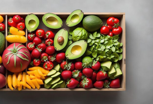 Una scatola di legno di frutta e verdura tra cui avocado, avocado, avocado e mango.