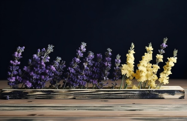 Una scatola di legno di lavanda è su uno sfondo nero.