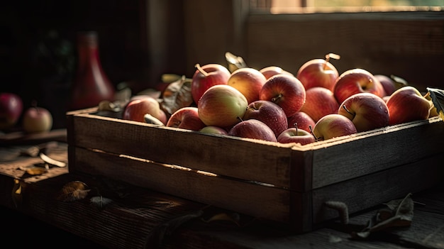 Una scatola di mele è su un tavolo con sopra la parola mela.