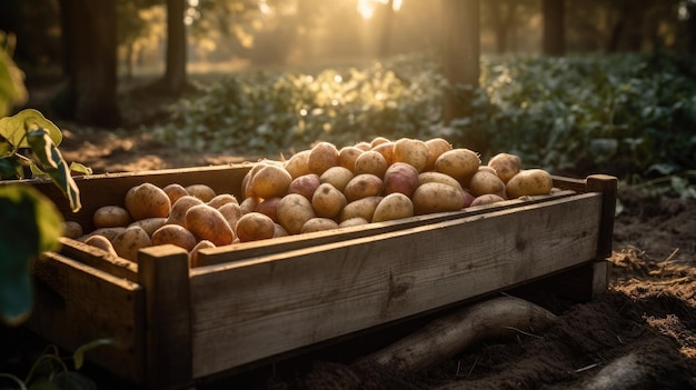 Una scatola di patate in una fattoria