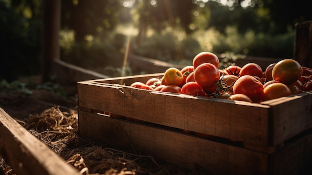 Una scatola di pomodori si trova in un campo