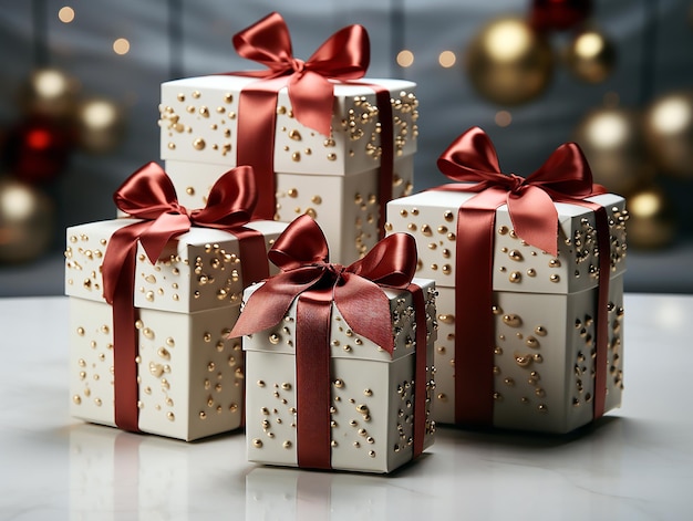 una scatola di regali di Natale con luccioli d'oro e nastro rosso.