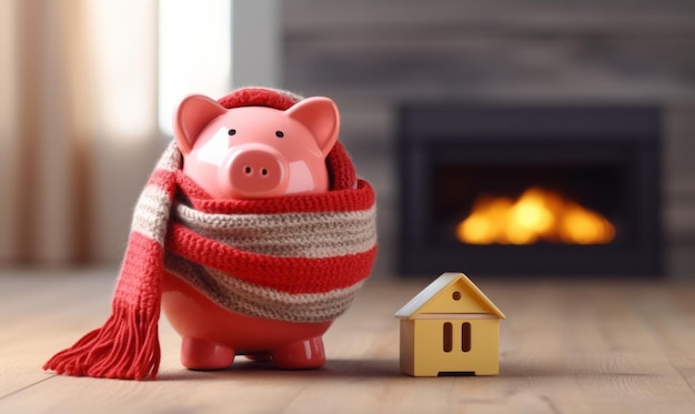 Una scatola di soldi rosa avvolta calda con una sciarpa per le bollette di riscaldamento invernali