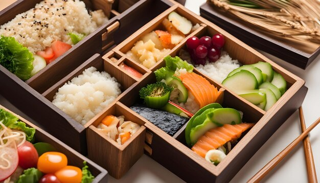 una scatola di sushi con diversi tipi di sushi e altri alimenti