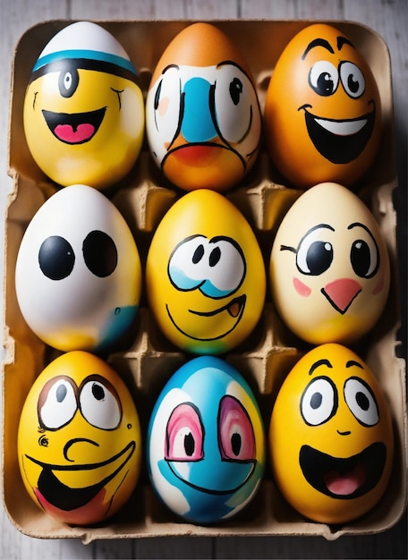 una scatola di uova con una faccia felice
