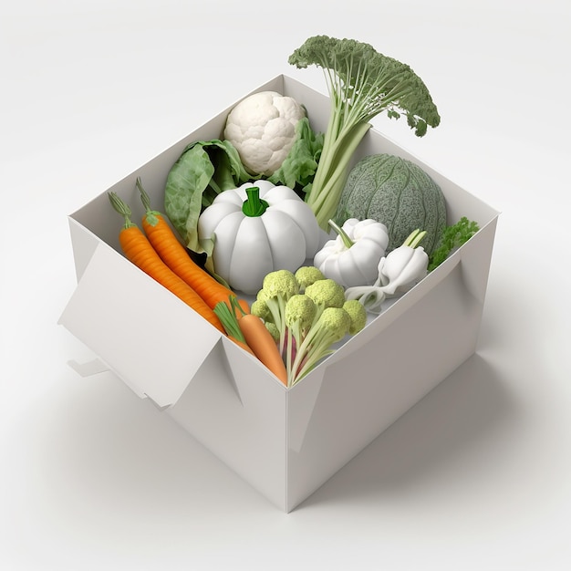 Una scatola di verdure con un coperchio bianco e una zucca bianca sul lato.