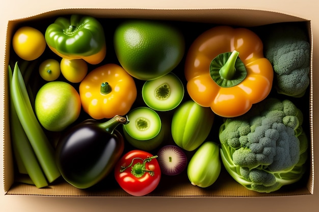 Una scatola di verdure tra cui broccoli, broccoli e altre verdure.