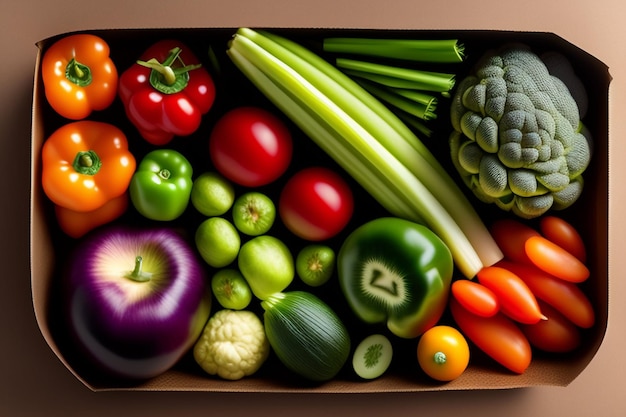 Una scatola di verdure tra cui un pomodoro, sedano e sedano.