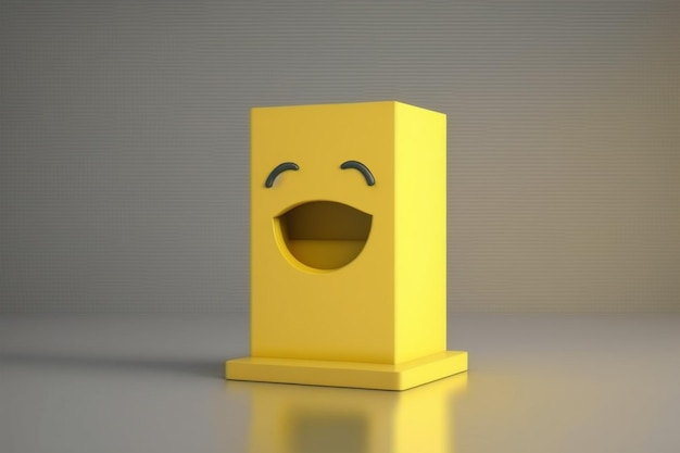 Una scatola gialla con una faccina sorridente è seduta su un tavolo.