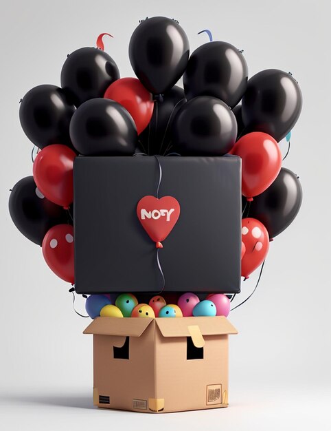 Una scatola nera nel Black Friday con sopra un mazzo di palloncini e una confezione regalo