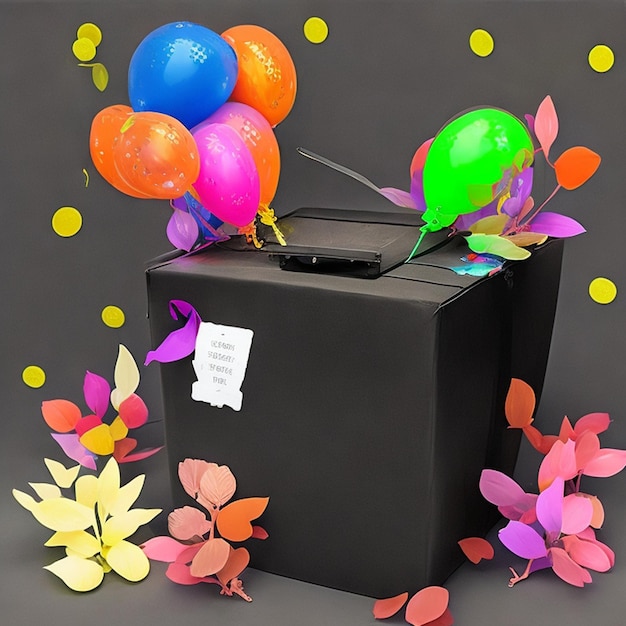 Una scatola nera nel Black Friday con sopra un mazzo di palloncini e una confezione regalo