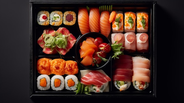 Una scatola per consegne di sushi piena di panini squisiti