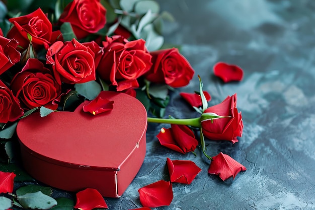 Una scatola regalo a forma di cuore e un bouquet di rose giacciono sul tavolo il giorno di San Valentino