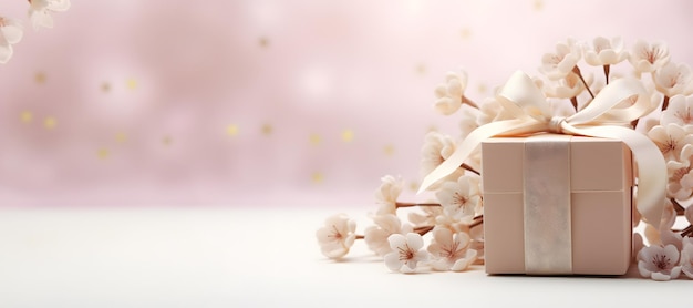 Una scatola regalo avvolta in carta artigianale eco-friendly con un fiocco a nastro rosa su sfondo rosa