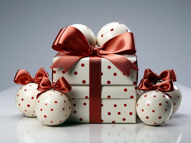 una scatola regalo bianca e rossa con un fiocco sopra.