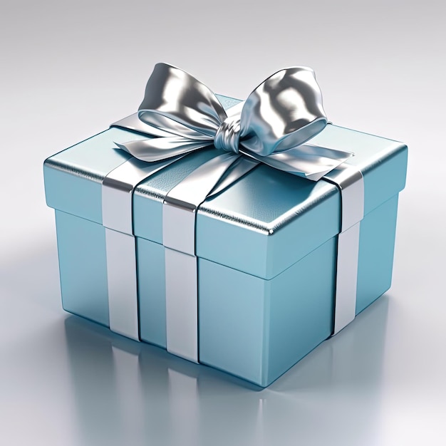 una scatola regalo blu con un arco d'argento nello stile del colore puro