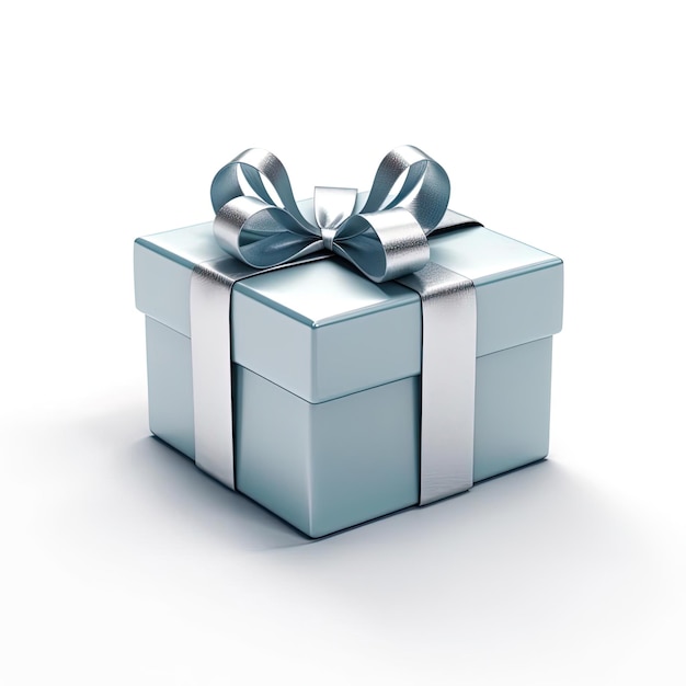 una scatola regalo blu ha un nastro d'argento in cima nello stile dello sfondo bianco