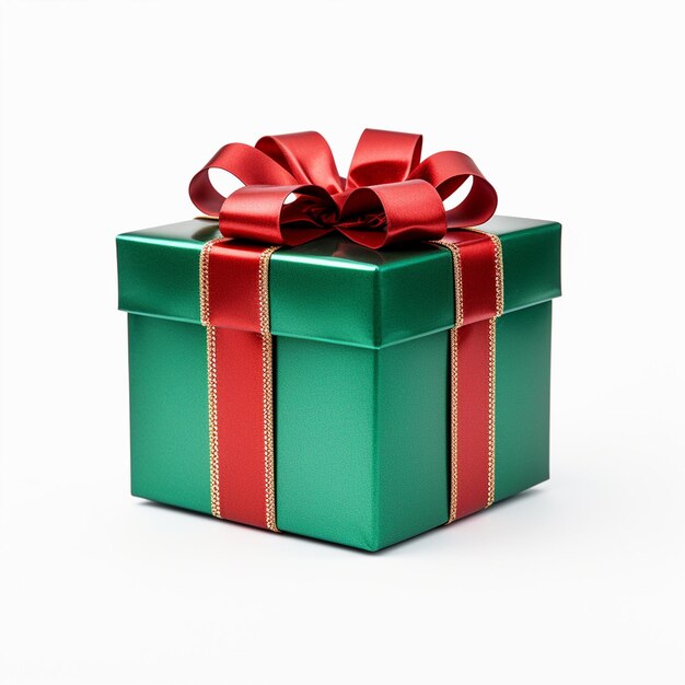 Una scatola regalo di Natale rossa e verde sullo sfondo bianco