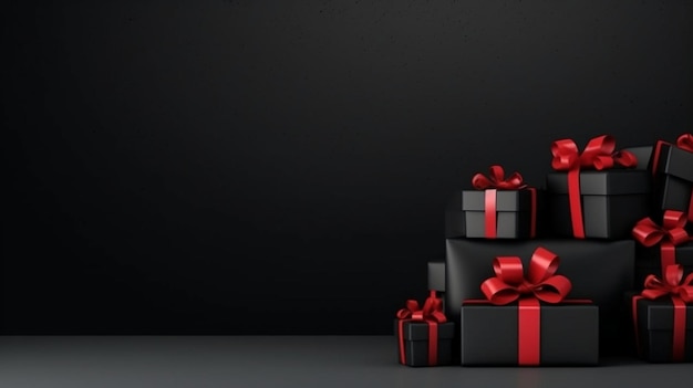 una scatola regalo nera con un nastro rosso sul fondo.