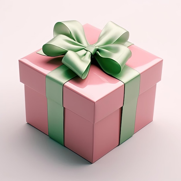 una scatola regalo rosa con un nastro verde isolato su bianco