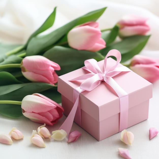 Una scatola rosa con un nastro legato intorno e un mazzo di tulipani sul tavolo.