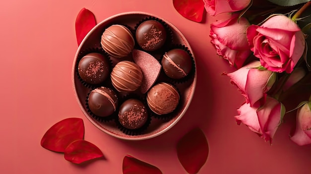 Una scatola rosa di cioccolatini con fiori rossi sul lato.