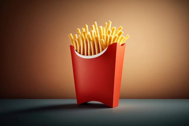 Una scatola rossa di patatine fritte viene mostrata con uno sfondo marrone.