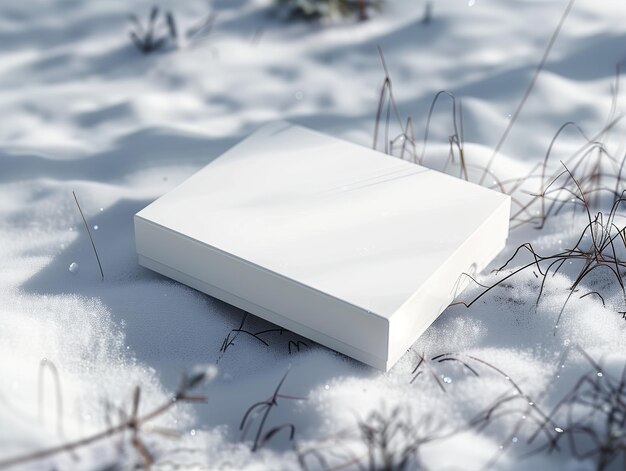 una scatola rotonda quadrata bianca nella neve