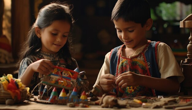 una scena 3D che mostra bambini in Romania che costruiscono il loro Martisor