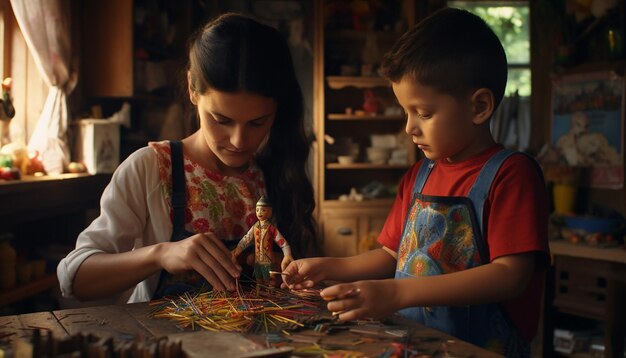 una scena 3D che mostra bambini in Romania che costruiscono il loro Martisor