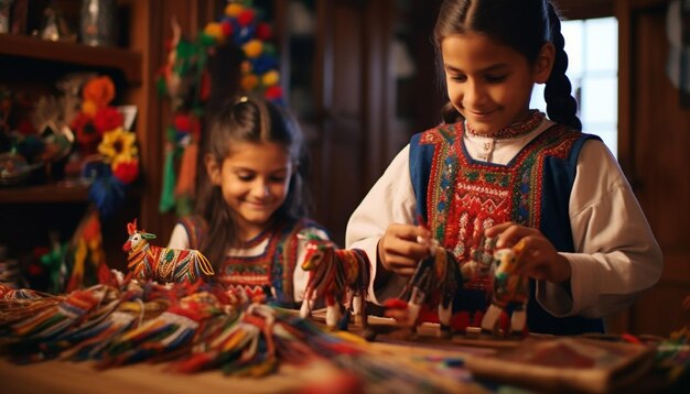 una scena 3D che mostra bambini in Romania che costruiscono il loro Martisor