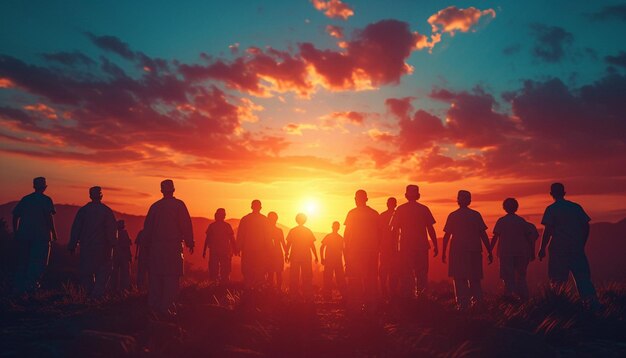 una scena 3D con silhouette di personale medico contro un tramonto