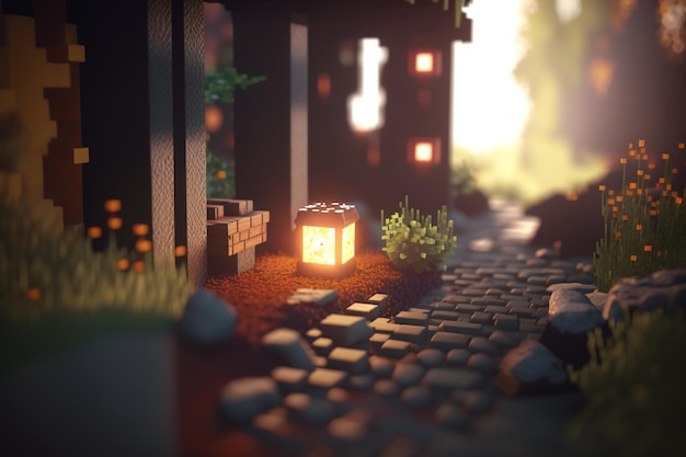 Una scena 3d con un sentiero in pietra e una lanterna.