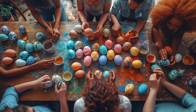 una scena 3D di un laboratorio di decorazione delle uova di Pasqua