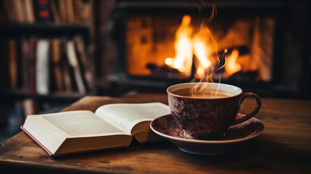 Una scena accogliente con una tazza di caffè e un libro posto su un tavolo davanti a un camino caldo