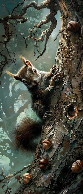 Una scena affascinante di uno scoiattolo zombie che raccoglie ghiande con una piccola benda e punti che scappa su un albero spettrale foto pubblicitaria