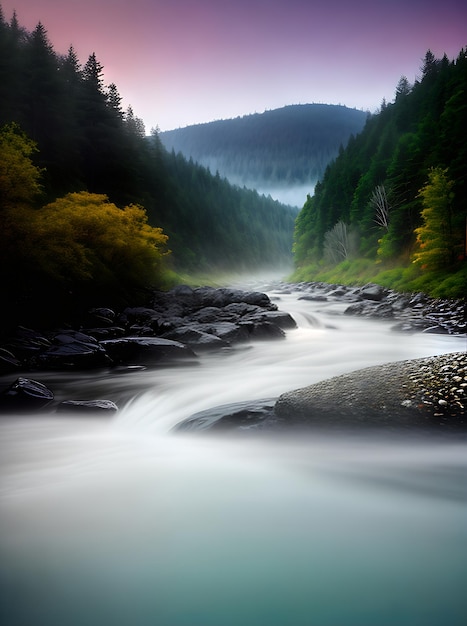 Una scena affascinante si svolge mentre un fiume nebbioso brilla in una vibrante palette di colori al neon 3D Generativa AI Generata