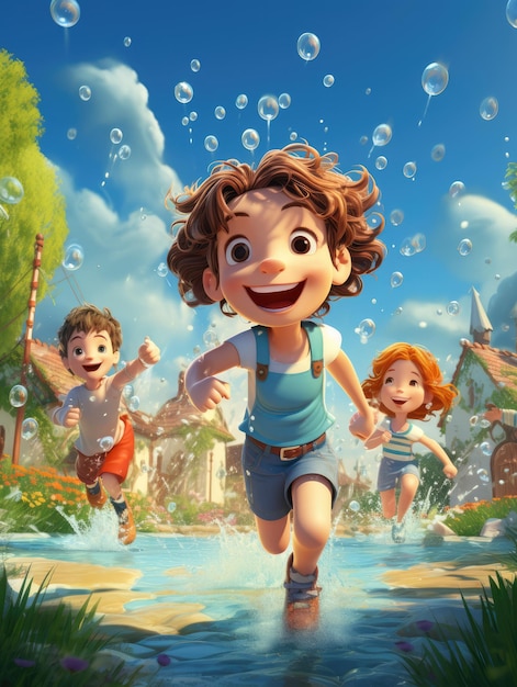 Una scena allegra e giocosa di bambini che corrono attraverso un irrigatore in un cortile erboso