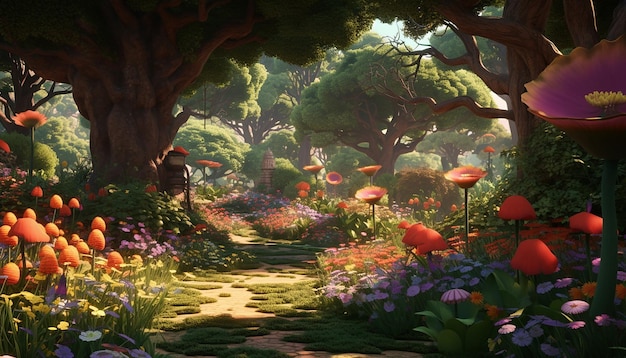 Una scena animata di un giardino che cresce in fastforward