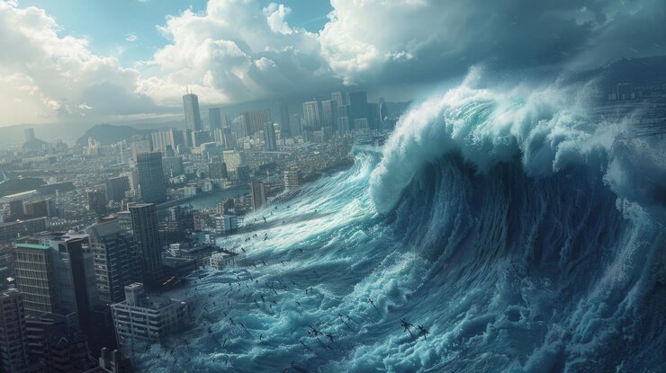 Foto una scena apocalittica in cui un'enorme ondata di marea incombe su un paesaggio urbano moderno sotto un drammatico