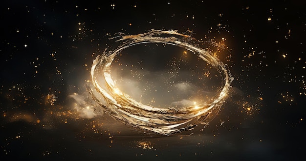 una scena astratta di un anello con una polvere dorata che galleggia nell'aria nello stile della luna marinaio
