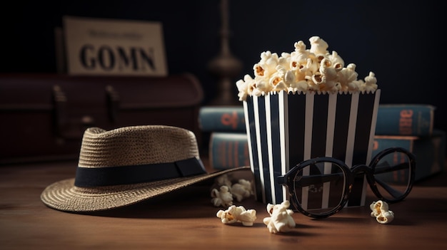 Una scena cinematografica con popcorn e un cappello