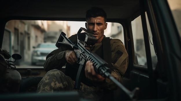 Una scena cinematografica di un soldato con una mitragliatrice in un furgone