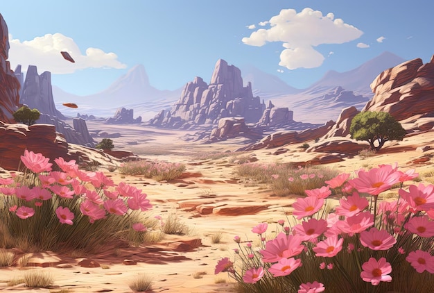 una scena con fiori rosa e arancioni nel deserto in stile anime art